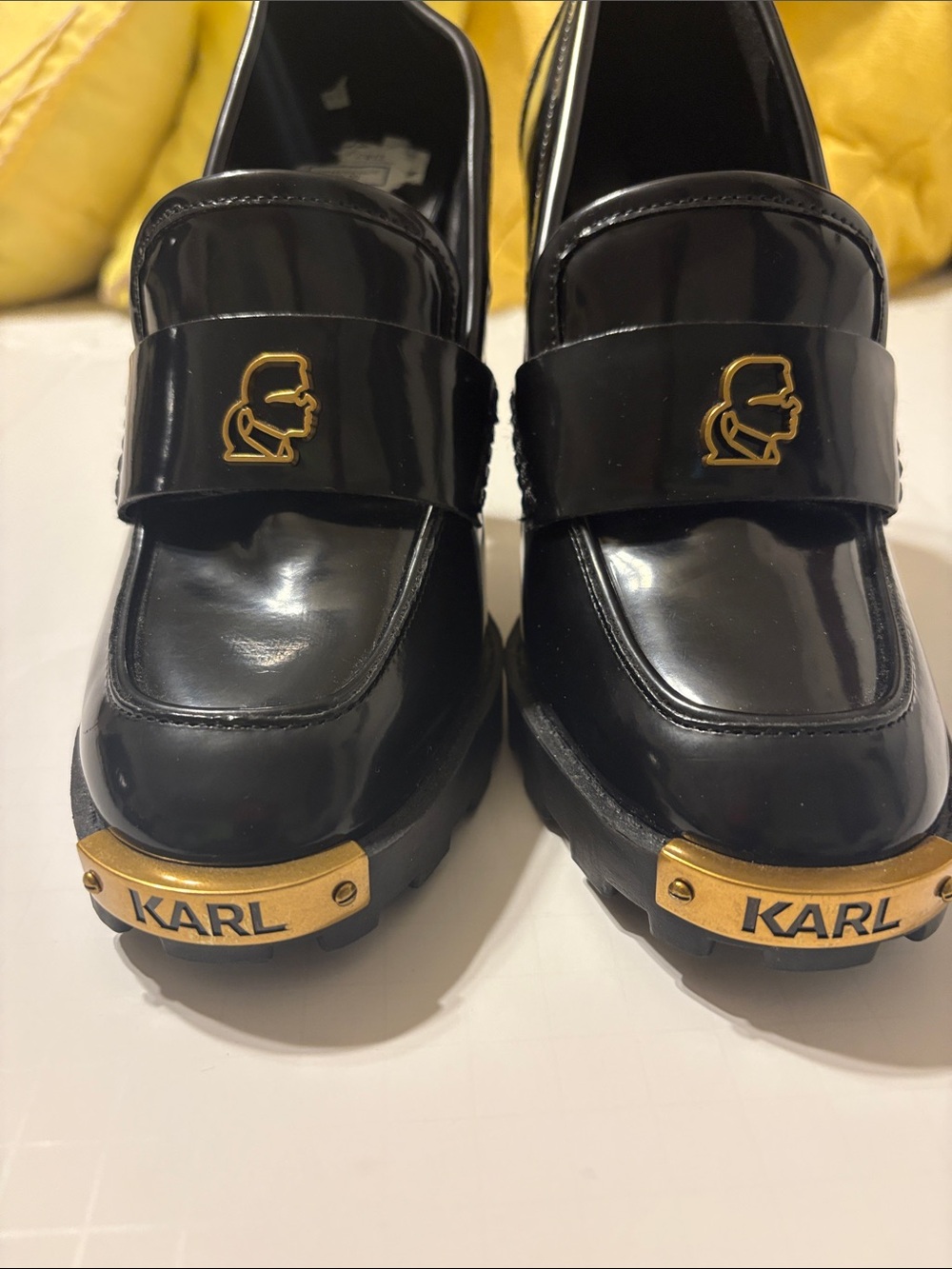 Karl Lagerfeld  Women’s Black Patent Loafers with Gold Logo Plate, Size 7 med